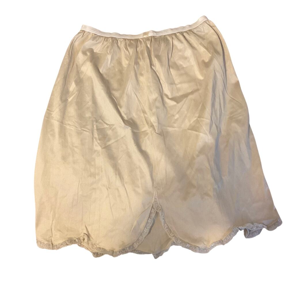 Vintage Ivory Satin Full Slip Floral Lace Trim Romantic Lingerie